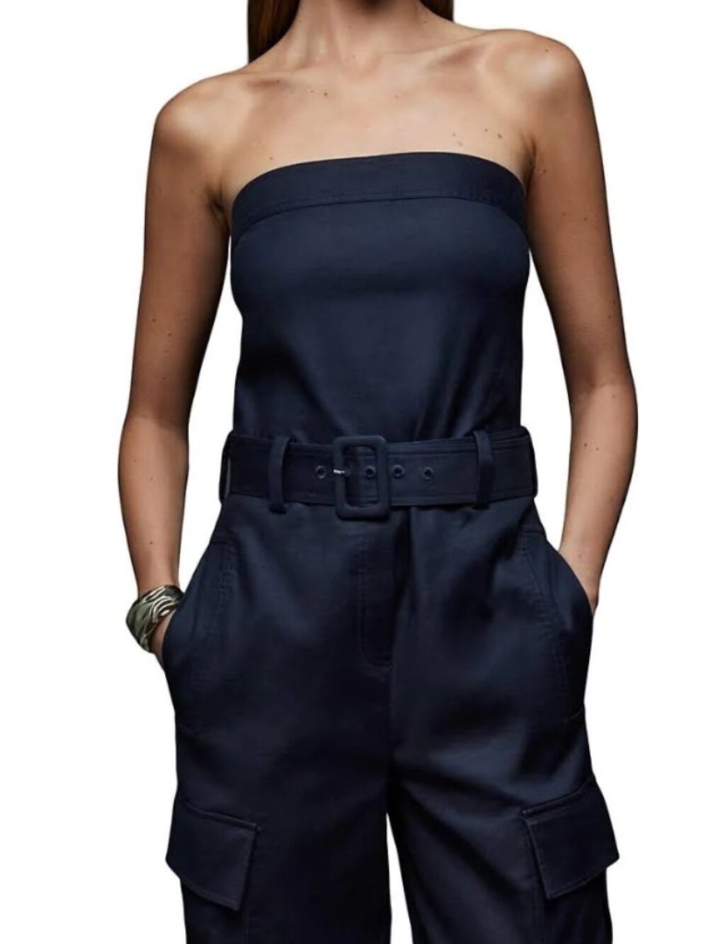 REISS Navy Lois Bandeau Belted Wide Leg Jumpsuit Size US 4 / UK 8 - Picture 2 of 16